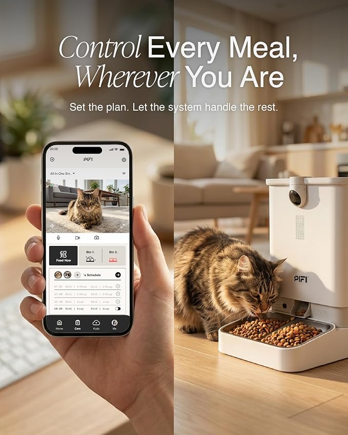 PiFi Automatic Cat Feeder with Camera for 3 Cats & Dogs, 6L Dual Dispenser, AI Recognition, 5GHz and 2.4GHz WiFi App Control, 1080p Dual Cameras, Night Vision, Two-Way Audio