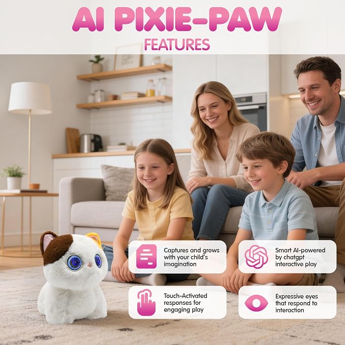 Contixo AI Pixie-Paw Smart Interactive Plush Cat – Voice-Responsive, Touch-Activated, Expressive Eyes, AI Companion Stuffed Animal for Kids & Pet Lovers, White