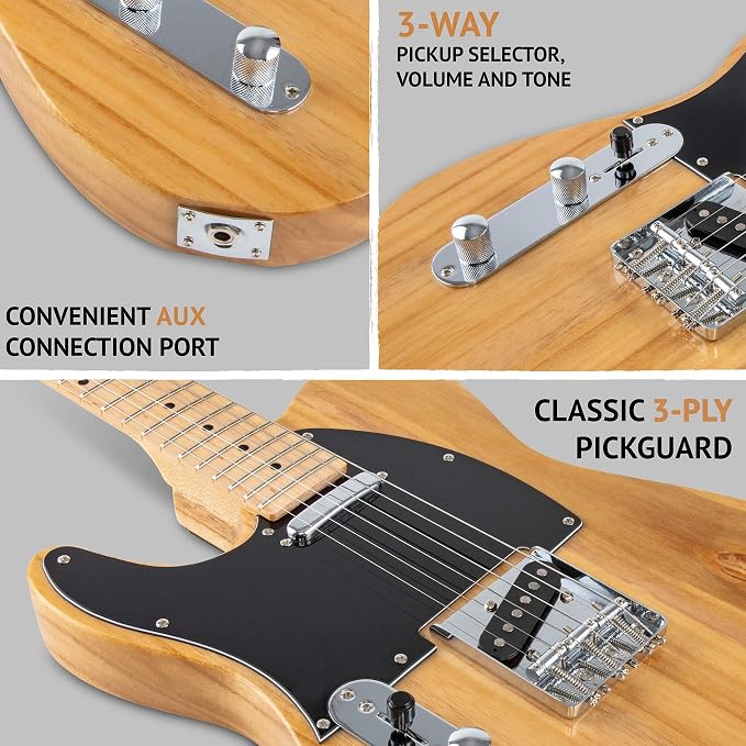 LyxPro 39” Electric Guitar Left Hand TL Series, Full-Size Paulownia Wood Body, 3-Ply Pickguard, C-Shape Neck, Ashtray Bridge, Quality Gear Tuners, 3-Way Switch & Volume/Tone Controls, 2 Picks, Natural