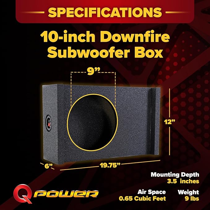 QPower Single 10in Sub Enclosure, Universal Shallow Mount Downfire/Behind Seat Speaker Box Compatible with Most GMC, Chevy, & Ford Trucks