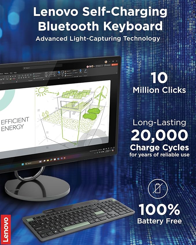 Lenovo 800 Self-Charging Bluetooth Keyboard, Uses Ambient Light for Charging, Bluetooth 5.1, Supports 3 Devices, Battery Free, Wireless, Grey