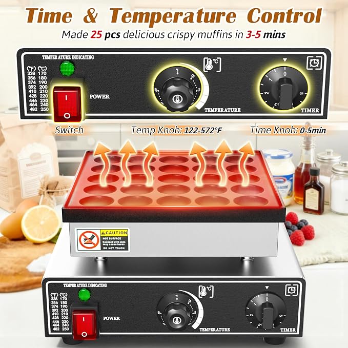 Baotree 25PCS Commercial Mini Dutch Pancake Maker, 110V 950W Mini Dutch Pancake Maker, 1.77 Inches Pancake Maker with 2 Thermostats & 2 Timers Separate Control, for Home and Restaurants