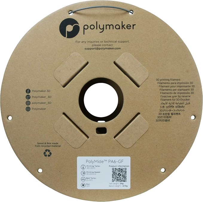 Polymaker PA6-GF Nylon Filament 1.75mm 2kg Grey Glass Fiber Nylon 3D Printing Filament - PolyMide PA6-GF Warp Free 3D Printer Filament