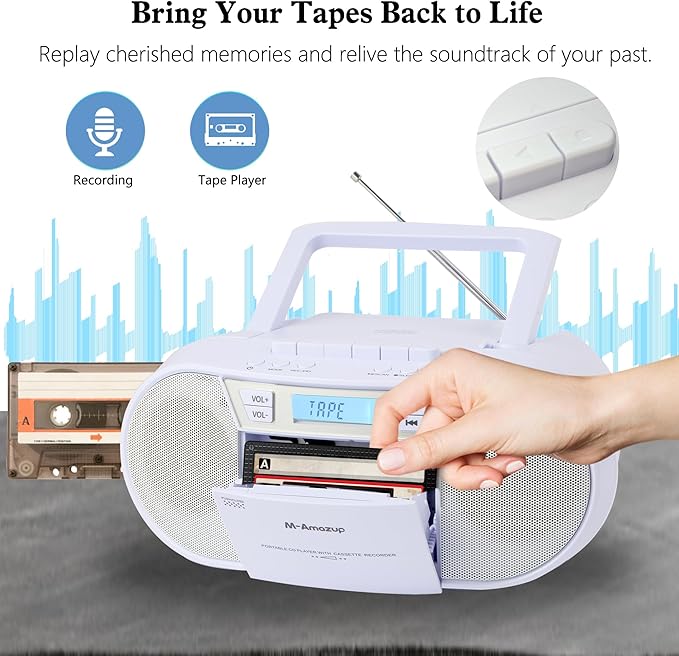 Boombox CD Player Portable, Cassette Player Combo with CD MP3 Bluetooth AUX TF USB FM Radio AC/DC Powered, Boom Box with Remote Control, Headphone Jack, Stereo Sound for Home,Kids,Gift