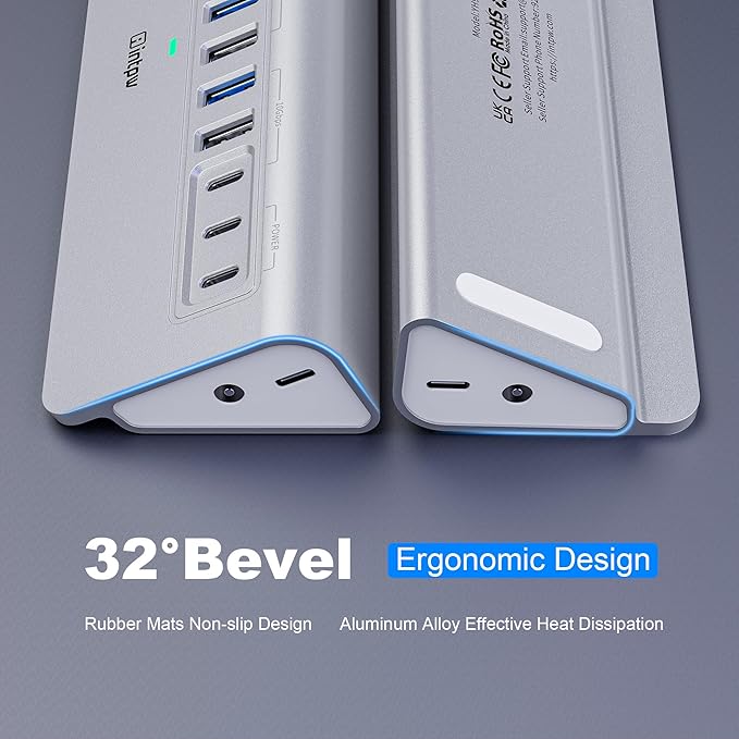 Powered USB Hub 10Gbps, intpw YH9AC 12 Port USB C Hub with 10Gbps USB C 3.2+2 USB A 3.2, 7 USB 3.0, 2 PD 45W Charging Port, 65W Power Adapter + 3.3FT Cable, Aluminum USB Hub for PC/Laptop/iPhone 17/16