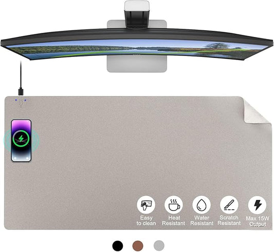 EYStech™ Desk Pad with Wireless Charger, Leather, Waterproof, Anti-Slip Wool Felt Base Material, Office Table Mat, Fast Charging Gaming Mouse Pad, 36” (L) x 17” (W), Grey (Left Side Charging Port)