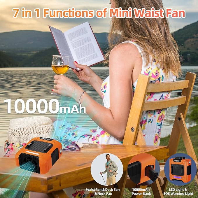 AMKEN Waist Fan, 10000mAh Rechargeable Belt Clip Fan, 24H Runtime, 49ft/s Strong Airflow, 3-Speed 7-in-1 Hands-Free Wearable with LED SOS Warning Light for Jobsite, Warehouse, Camping, Outdoor Work