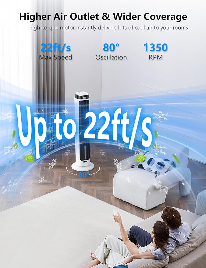 PNTCK 41" Evaporative Air Cooler, Bladeless Tower Fan Cooling Fan with 3 Speeds & 5 Modes, Ice Packs, 12H Timer, Remote, 80° Oscillating, 3-IN-1 Swamp Cooler for Bedroom Office Large Room