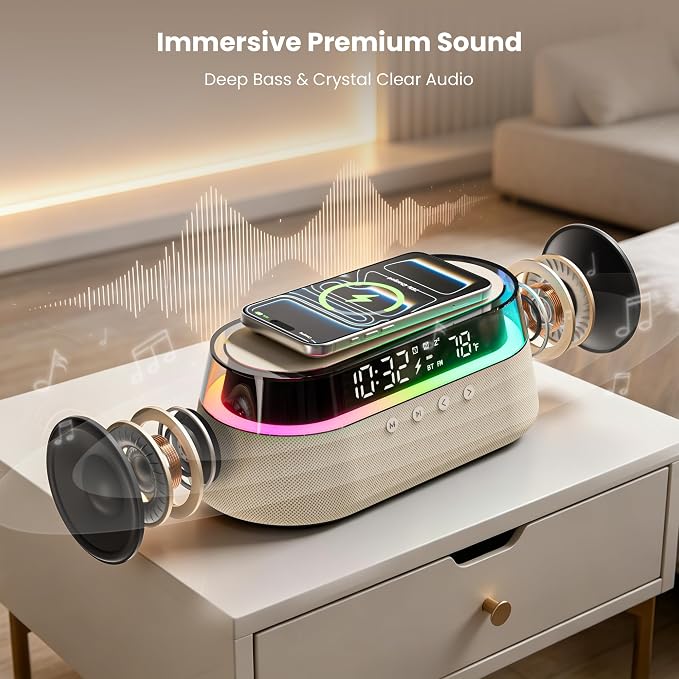 6-in-1 Bluetooth Speaker Alarm Clock with Remote, 15W Fast Wireless Charger, FM Radio & Dimmable LED Night Light, Dual Digital Clock for Bedroom Home Office, Ideal Gifts for Him, Men Women