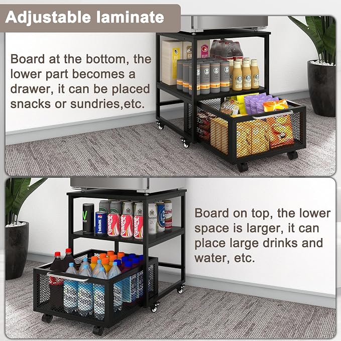 PUNCIA 19.7"x19.7" Mini Fridge Stand 3-Tier Storage Beverage Fridge Table | 220-lb Capacity Beverage Refrigerator Table, Heavy Duty Rolling Organizer with Drawers for Dorm Apartment Office Bedroom