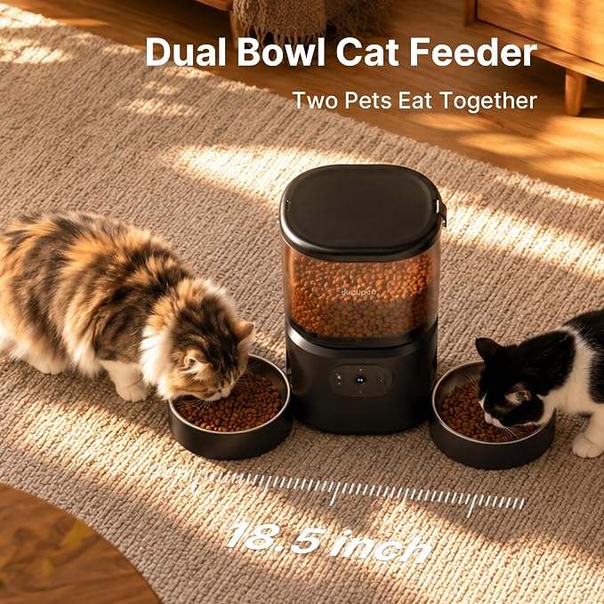 Automatic Cat Feeder 2 Cats with 3 Cameras, Dual Bowl Smart Pet Feeder, 1080P HD Video Night Vision& 2 Led Lights, 5G WiFi App Control, 1-10 Meals/Day Detachable Design with Desiccant