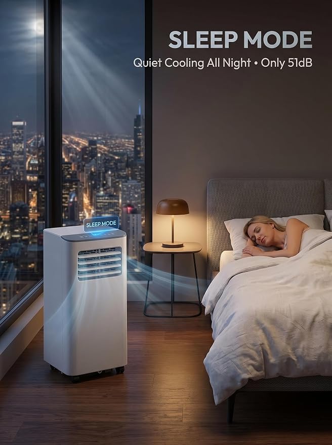 8000 BTU Portable Air Conditioners with Cooling, Dehumidifying, and Fan Functions, White Body with Cool Grey Top Cover, Perfect for Rooms Up to 350 Sq Ft, Quiet Mode, Energy-Saving 24-Hour Timer
