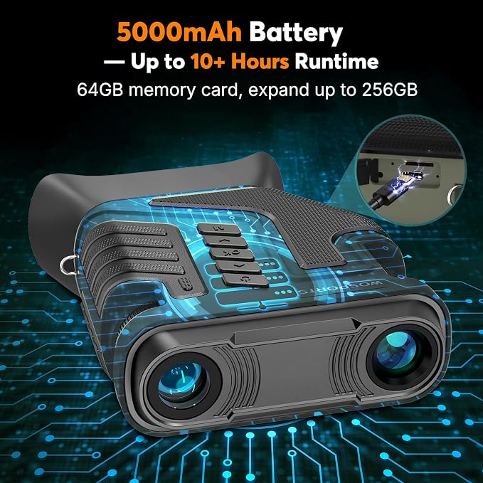 WOSPORTS 4K Night Vision Goggles – up to 80X Total Magnification, 10X Optical + 8X Digital Zoom, 64GB TF Card, 1315FT Vision Range, 5000mAh Rechargeable Battery, IPX Waterproof NVG, Gifts for Men