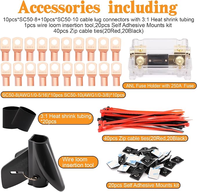 1/0 Gauge Wire CCA Power/Ground Cable 40FT Black/Red with lugs,250A ANL Fuse,1/2 inch Cable Split Sleeving,Self Adhesive Mounts Zip Ties kit