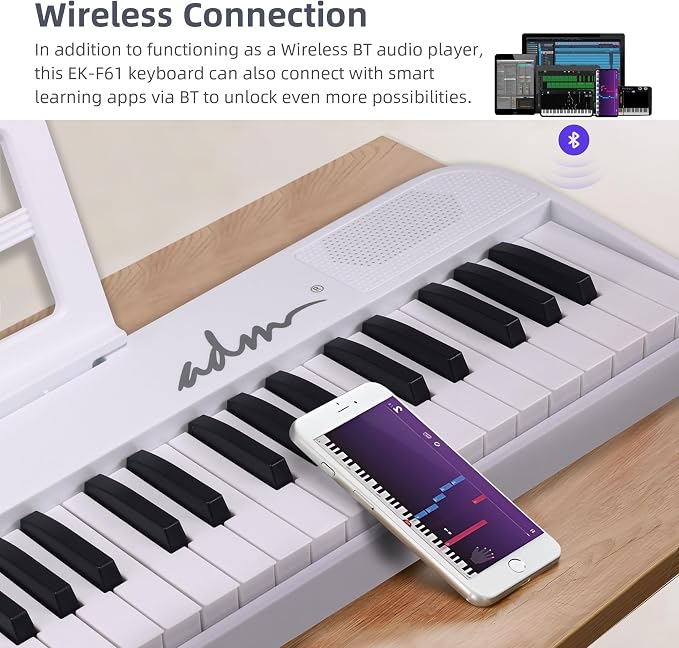 ADM 61 Key Folding Electric Piano Keyboard, Foldable Piano Electronic Keyboard, Wireless 128 Tones, 128 Rhythms Includes Pedal, Gig Bag, Headphones for Beginners, Students, Adults (White-Black)