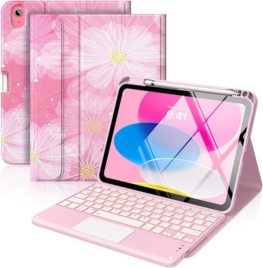 MoKo Touch Keyboard Case for iPad (A16) 11th Generation 11 inch 2025, iPad 10th Generation 10.9 inch Case with Pencil Holder, 7 Colors Backlit Multi-TrackPad Detachable Bluetooth Keyboard, Coreopsis