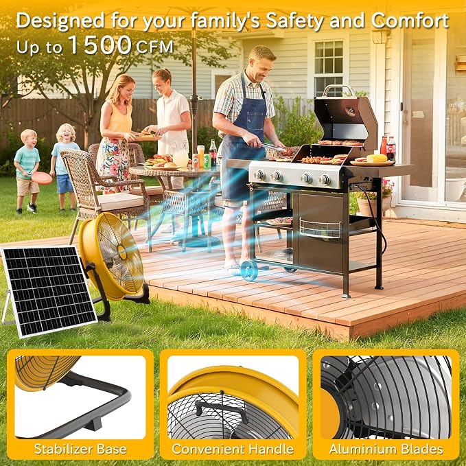 T-SUNUS 12" Solar Powered Floor Fan, Rechargeable Battery Battery Powered Fans 13200mAh & 20W Panel, 1500 CFM Metal Cordless Fan, 4.5–27H Runtime for Outside Camping Garage Greenhouse Power Outage
