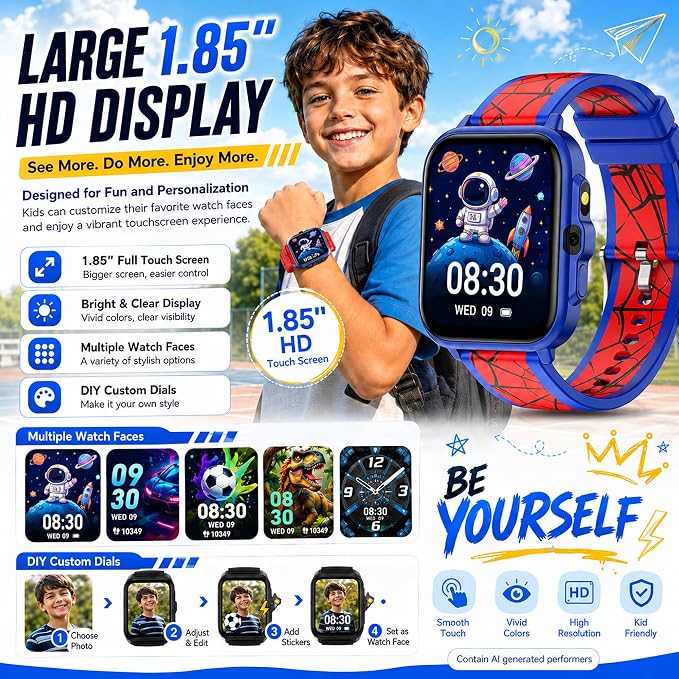 Smart Watch for Kids Boys Age 5-12, Ai Functions Games HD Touch Screen Watches with Video Camera Music Player Pedometer Heart Rate Sleep Tracker Christmas Birthday Gifts for Boys (Blue and Red, 1.85")