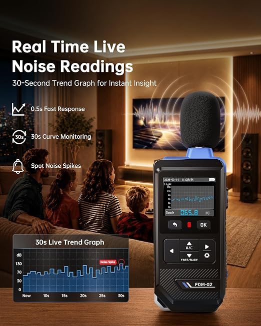 FNIRSI FDM-02 Decibel Meter, 30–130dB Sound Level Meter with 2" IPS Screen, A/C Weighting & Fast/Slow Response, Rechargeable for Home, Audio & Workplace Noise