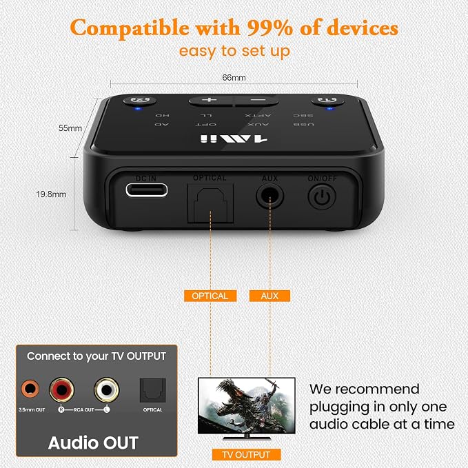 1Mii Bluetooth 5.3 Transmitter for TV to 2 Wireless Headphones, Long Range 100ft Bluetooth Adapter for TV aptX Adaptive & HD/Volume Control, Optical/AUX/RCA Audio Inputs
