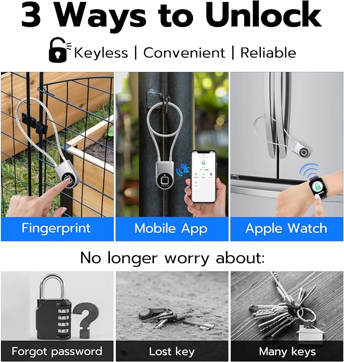 Anweller Fingerprint Cable Lock, 14" Long Shackle Small Padlock, Keyless Entry Biometric Bluetooth Smart Waterproof Combination Pad Lock for Gate Outdoor Fence Fridge Cabinet Locker Pool Bike - Silver