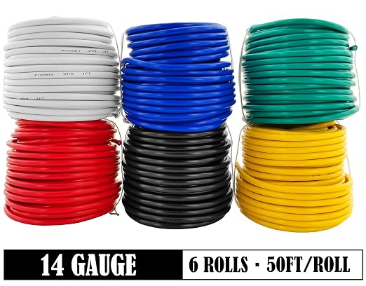 GS Power 300ft CCA 14 Gauge Wire Automotive, 50ft Roll, 6 Colors, 14 AWG 12v, Speaker Electrical Wire Low Voltage Primary for Car Stereo Audio Trailer Harness Hookup Wiring DIY