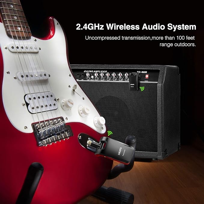 LEKATO Wireless Guitar System 2.4GHz Rechargeable Audio Wireless Transmitter Receiver 6 Channels for Guitar Bass Electric Instruments, Stereo and Mono 1/4” & 1/8” 2 in 1 Plugs,Black(WS-60)