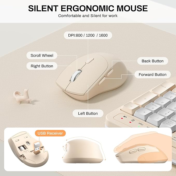 Ergonomic Wireless Keyboard and Mouse Combo, Wave Keys Keyboard with Wrist Rest for Natural Typing, 3 DPI Adjustable Ergonomic Silent Mouse for Computer/Laptop/Windows/Mac (Latte Color-B)