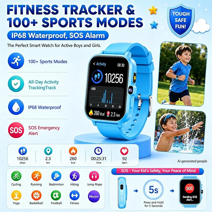 Smart Watch for Kids, 1.85" Fitness Tracker with Camera, Game, Music, SOS, AI, Alarm Clock, Video,Parent Control, 24/7 Heart Rate Sleep Monitor, 100+ Sport Modes, IP68 Waterproof, Gifts for Boys Girls