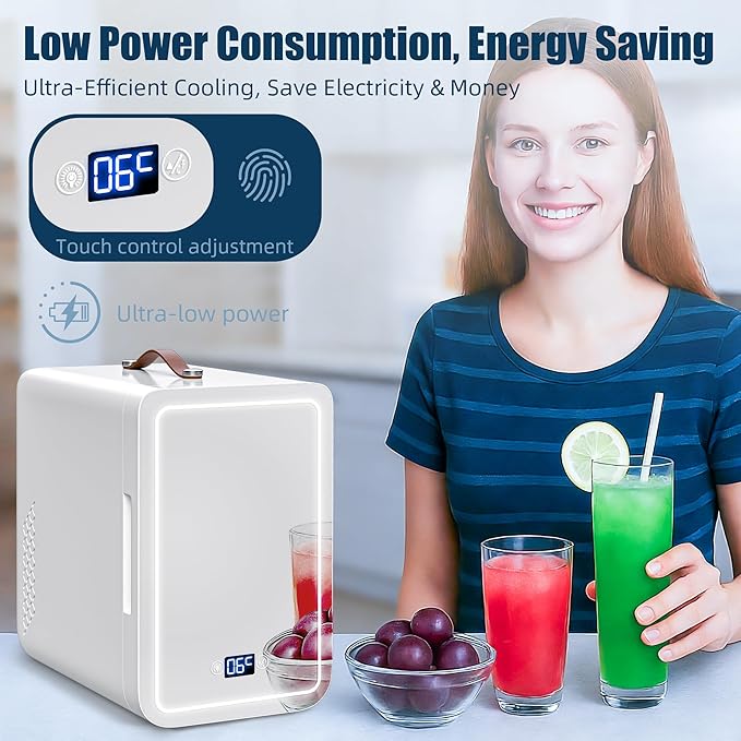 6L Mini Fridge with 3-Level Dimmable LED Mirror, Cooling & Warming, AC/DC Portable Skincare Fridge for Dorm, Car, Office