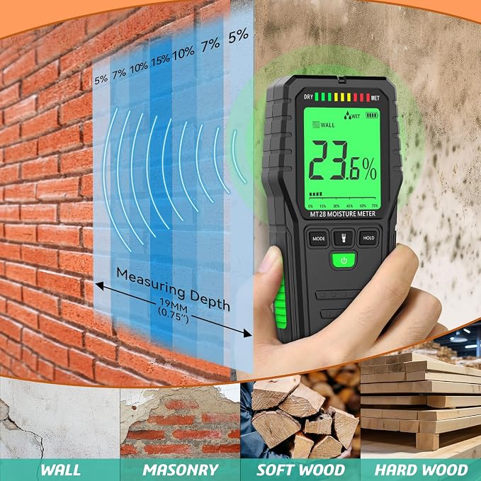 Pinless Moisture Meter Non-Invasive Digital Wood Moisture Tester | For Wall, Lumber, Building, Firewood, Humidity Tester,Built Flashligh,Low Light Readable LCD Screent