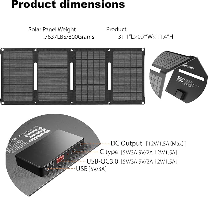 28W Solar Panel Charger, Foldable Portable Solar Charger with USB-C and Dual USB-A Outputs for Phones, Tablets, Power Banks, Camping, Hiking, Backpacking and Emergency Preparedness