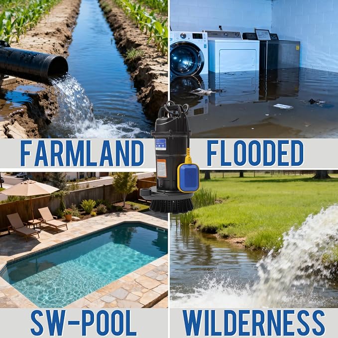 1.0HP Submersible Sump Pump, Automatic Water Pump w/ 4200 GPH High Flow, 18ft Max Head, for Dirty Water Removal, Flooded Basement, Swimming Pool Cover, Hot Tubs, Aluminum (1HP/28FT)