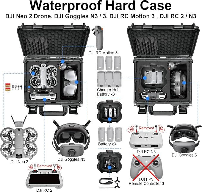 Lekufee Waterproof Hard Carrying Case for DJI Neo 2 Drone, Fly More Combo, DJI RC 2, RC N3, Goggles N3/3, RC Motion 3, and Accessories(Case Only)