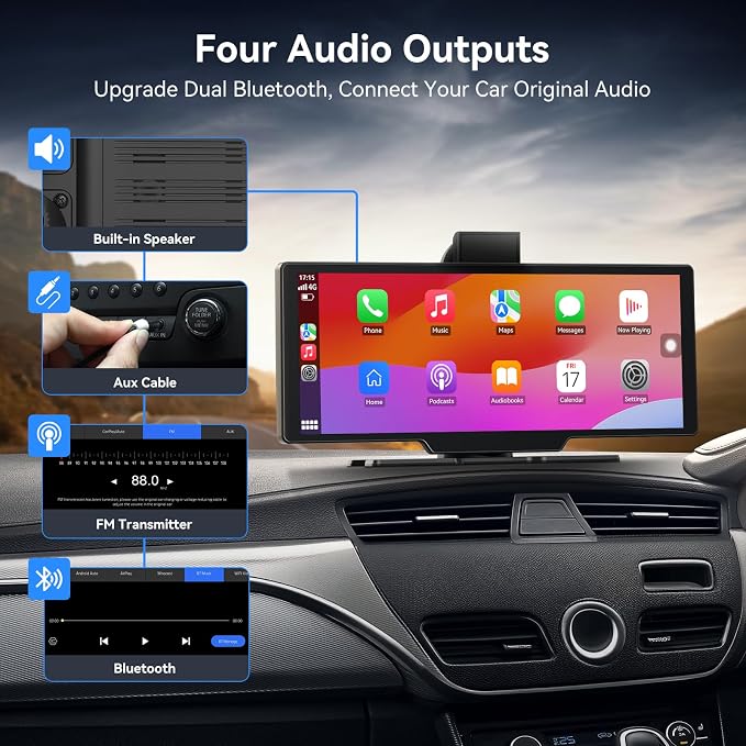 Portable Apple Carplay Screen for Car, 10" Wireless Car Play Touchscreen with 4K Dash Cam, 1080P Backup Camera, Carplay&Android Auto, Loop Recording, GPS Navigation, Bluetooth