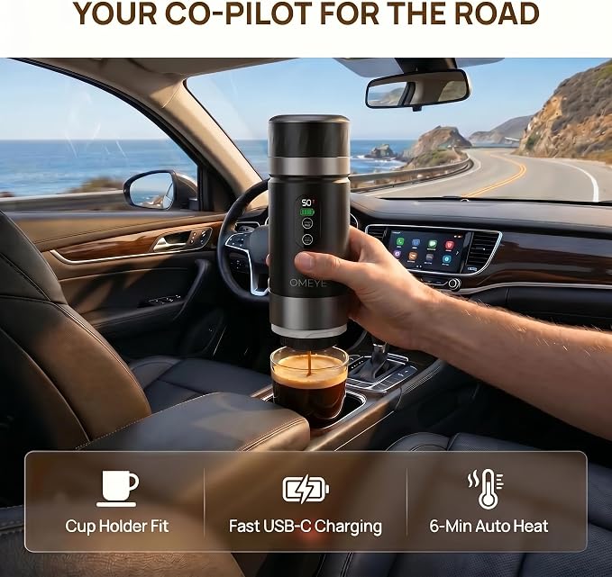 Portable Espresso Maker for Camping Travel Office – 20 Bar Self-Heating Cordless Coffee Machine, LED Display, Dual 7500mAh Battery, USB-C, Compatible with Small/Large Capsules & Ground Coffee