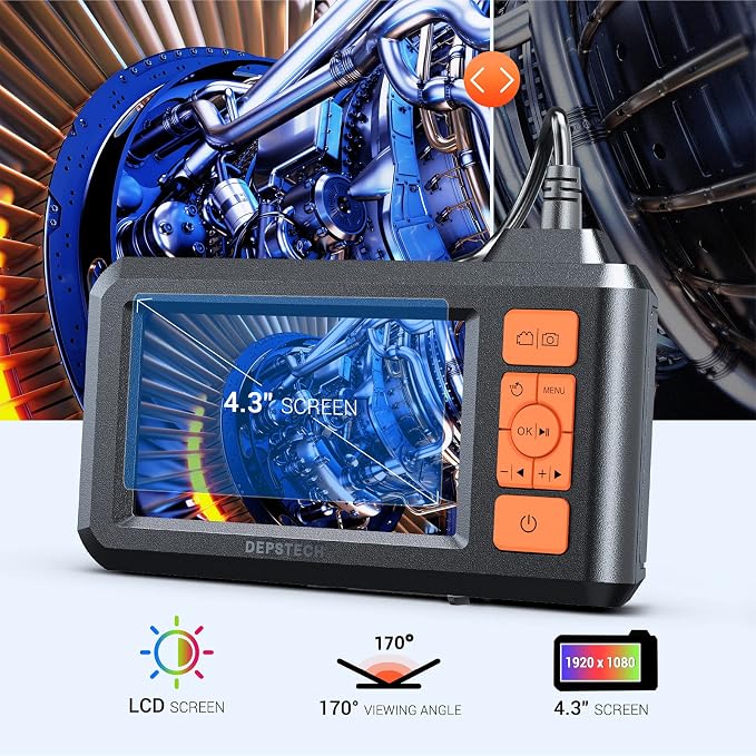 DEPSTECH Dual Lens Industrial Endoscope, 1080P Digital Borescope Inspection Camera, 7.9mm IP67 Waterproof, Sewer Camera with 4.3" LCD Screen, 7 LED Lights, 16.5FT Semi-Rigid Cable, 32GB Card - Orange