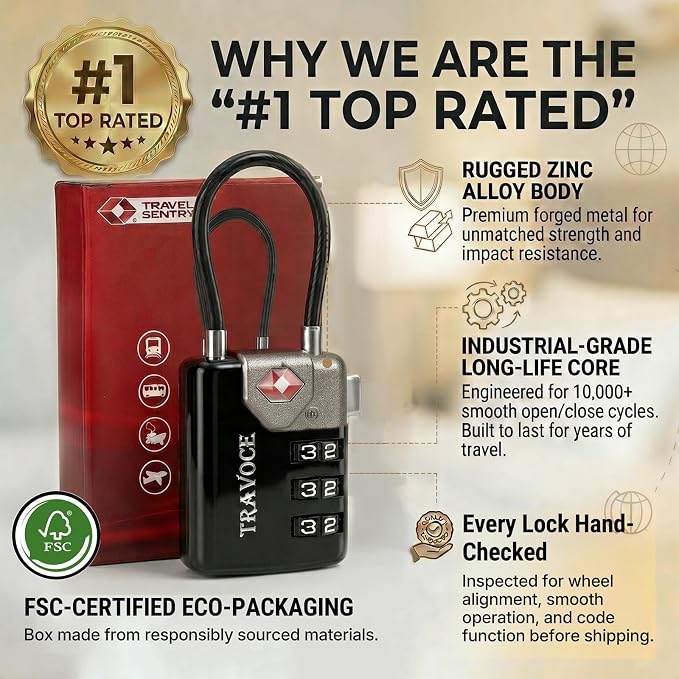 TRAVOCE TSA Approved Luggage Locks - Heavy Duty 3 Digit Combination Cable Lock, Search Alert for Suitcases, Backpacks, Golf Bags, Tents, Violin and Camera Cases, 4 Pack, Black