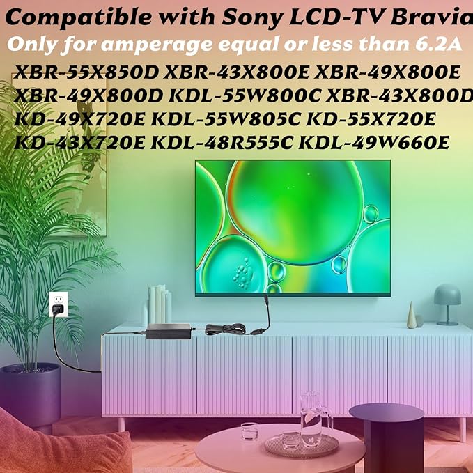19.5 Volt for Sony tv Power Cord KDL-55W805C, KD-55X720E, KDL-55W800C, XBR-43X800E, XBR-43X800D, XBR-49X800E, XBR-49X800D, XBR-55X850D, and KD-43X720E TV Power Supplies Perfect Replacement to
