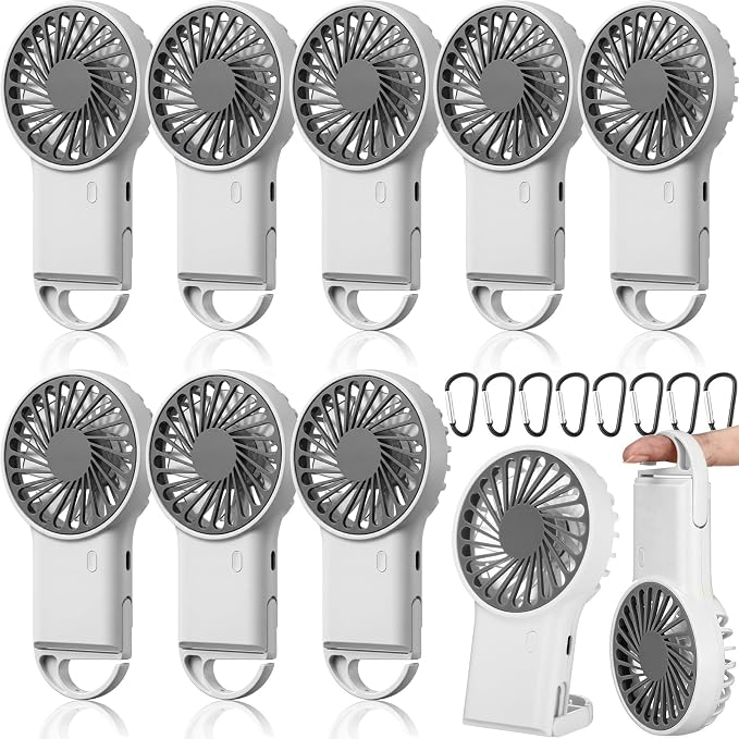 VIHOSE 8 Pcs Portable Hanging Fan, 3 Speeds Personal Rechargeable Desk Hand Held Small Fan with D Metal Hook for Cooling Small Personal Hands Outdoor Travel (White)