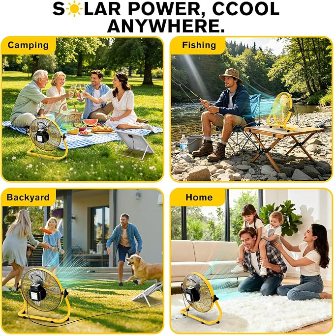 14" Solar Powered Fan with 20W Solar Panel & Rechargeable Battery, Portable, Quiet 12 Speed, 360° Tilt Head for Outside, Camping, Travel, Greenhouse, Chicken Coop, Patio, gazebo (Yellow)