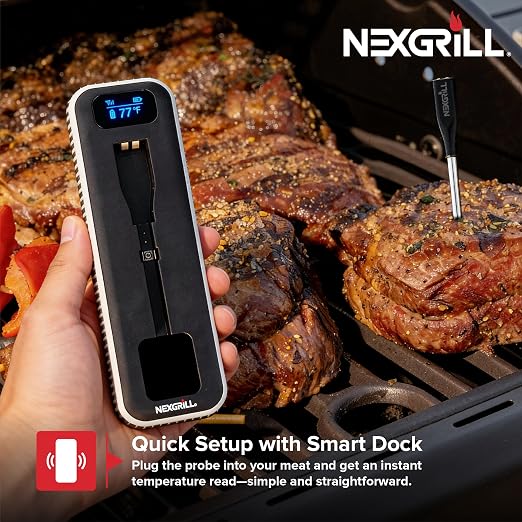 Nexgrill Smart Wireless Meat Thermometer, Bluetooth, Dual Sensor Probe Meat & Ambient, Digital Display Base, iOS/Android App Control, USB-C Rechargeable for Grill, Smoker, Oven, BBQ 530-04113 (2Pack)