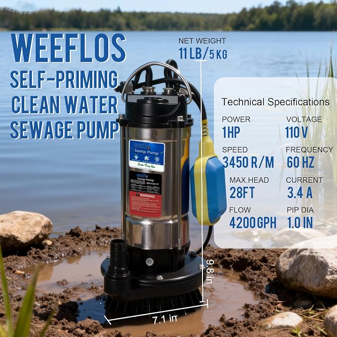 1.0HP Submersible Sump Pump Automatic Water Pump w/High Flow 4200 GPH 28ft Max Head, Irrigation, Swimming Pool, Garden Pond, Basement, Wells, 26ft Power Cord Stainless Steel(1HP/28FT)