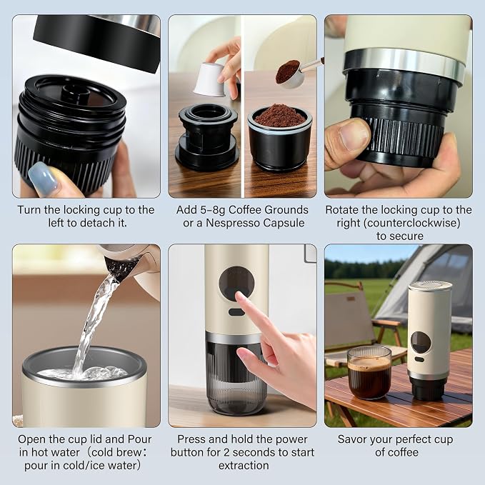 Portable Travel Espresso Maker,20-Bar Camping Espresso Coffee Machine for Travel Car,Electric Self-Heating with Battery Operated,Rechargable,Ground Coffee& Capsule Compatible,80 ml Cup,White