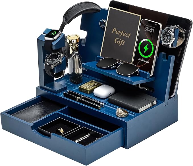 Nightstand Organizer for Men with Large Drawer, Wood Phone Docking Station for Phone, Apple Watch, Wallet & Keys, Ideal Birthday Gift for Father Husband, Bedside Desk Organizer (Blue)