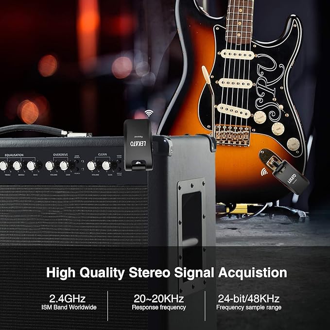 LEKATO Wireless Guitar System 2.4GHz Rechargeable Audio Wireless Transmitter Receiver 6 Channels for Guitar Bass Electric Instruments, Stereo and Mono 1/4” & 1/8” 2 in 1 Plugs,Black(WS-60)
