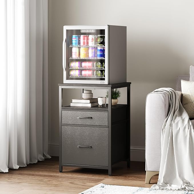 Herture Mini Fridge Stand with 3 Storage, Mini Fridge Cabinet, Beverage Fridge Table, Heavy Duty 18.11" L* 18.11" W Tabletop, for Dorm, Apartment,Office, Bedroom Black HB03BXB