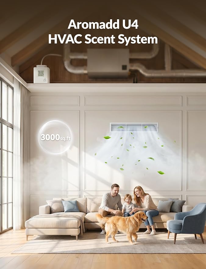 Aromadd U4 Smart HVAC Scent Diffuser for Home – 3000 Sq Ft Waterless Essential Oil Diffuser with Cold Air Tech, Whole House & Hotel Collection Scent Air Machine with Clock & Environmental Display