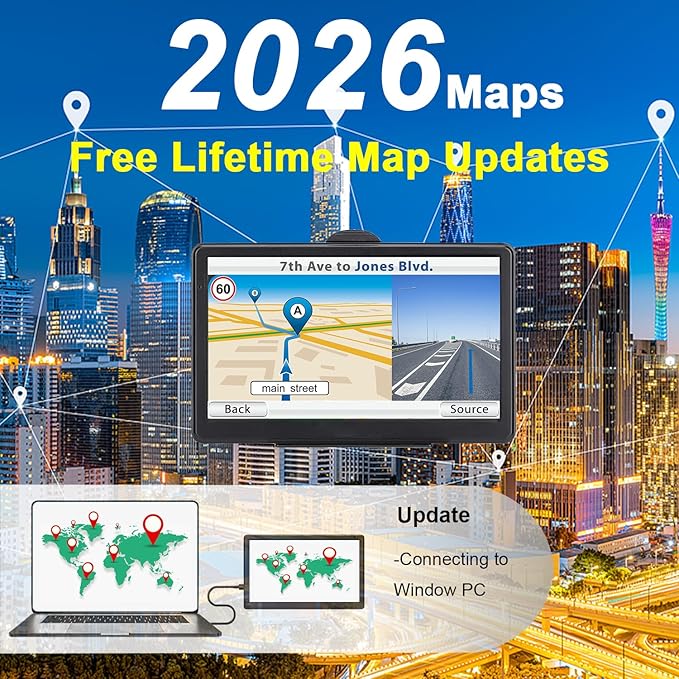 GPS Navigator for Car, 2026 Map 7 inch Touch Screen Car GPS 256-16GB,Voice Turn Direction Guidance, Support Speed and Red Light Warning, North America Lifetime map Free Update Truck(Navy)