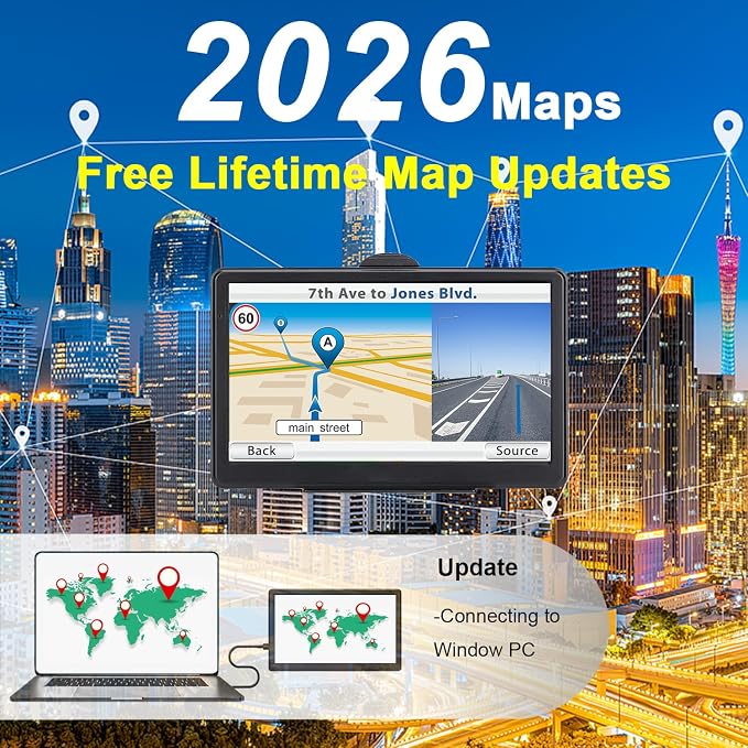 GPS Navigator for Car, 2026 Map 7 inch Touch Screen Car GPS 256-16GB,Voice Turn Direction Guidance, Support Speed and Red Light Warning, North America Lifetime map Free Update Black
